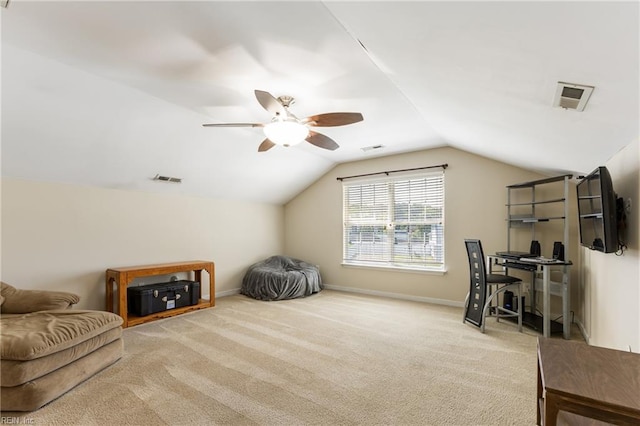 115 Rochdale Ln, Suffolk, VA 23434 - carpeted office space with vaulted ceiling, a ceiling fan, and baseboards