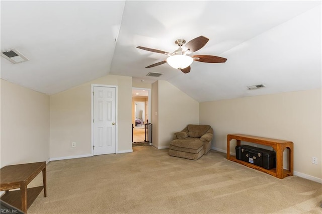115 Rochdale Ln, Suffolk, VA 23434 - sitting room featuring carpet, ceiling fan, lofted ceiling, and baseboards