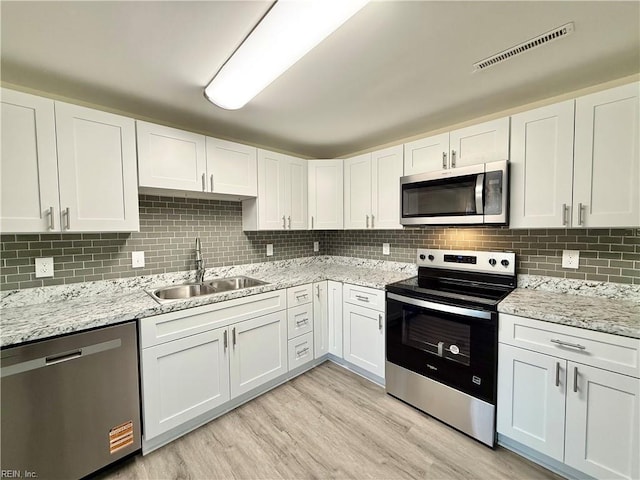2218 Andrews Blvd, Hampton, VA 23663 - kitchen featuring appliances with stainless steel finishes, a sink, light wood-style flooring, decorative backsplash, and white cabinets