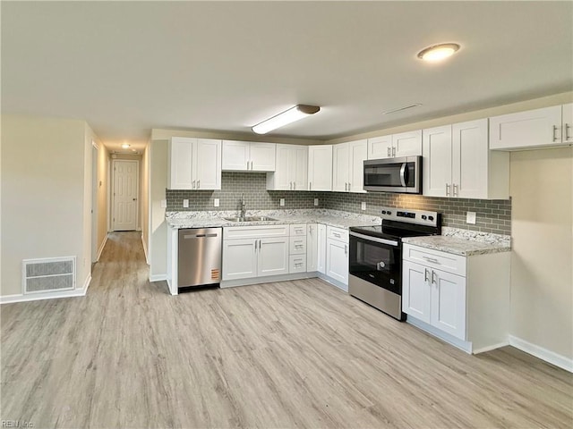 2218 Andrews Blvd, Hampton, VA 23663 - kitchen with appliances with stainless steel finishes, a sink, decorative backsplash, light wood-style flooring, and white cabinets