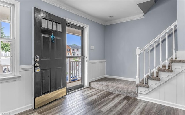 306 San Roman Dr, Chesapeake, VA 23322 - foyer featuring stairway, wood finished floors, a wainscoted wall, and ornamental molding