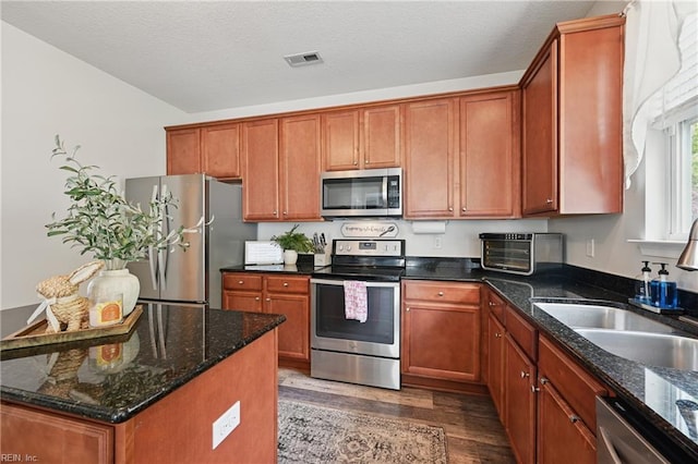 5520 White Swallow Way, Chesapeake, VA 23321 - kitchen featuring stainless steel appliances, dark wood-type flooring, a sink, dark stone countertops, and brown cabinets