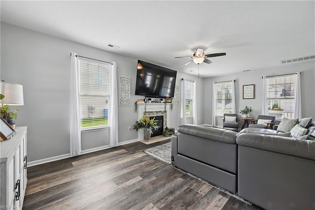 5520 White Swallow Way, Chesapeake, VA 23321 - living area featuring dark wood finished floors, ceiling fan, a fireplace, and baseboards