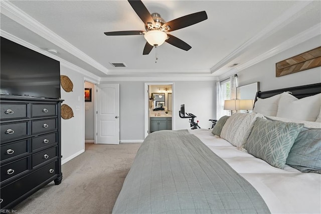 5520 White Swallow Way, Chesapeake, VA 23321 - bedroom with light carpet, a raised ceiling, baseboards, crown molding, and a ceiling fan