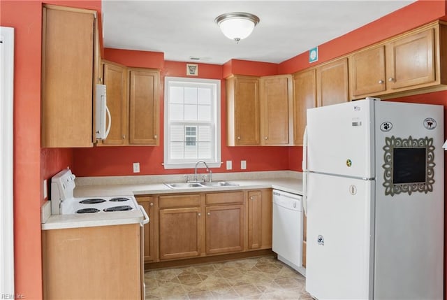 6412 Dove St, Norfolk, VA 23513 - kitchen featuring white appliances, a sink, light countertops, and brown cabinets
