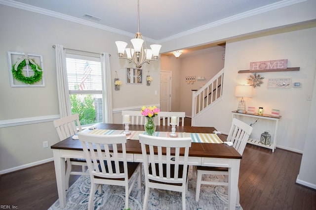 205 Markham St, Suffolk, VA 23435 - dining room with stairs, wood-type flooring, crown molding, a chandelier, and baseboards