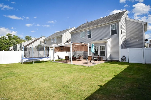 205 Markham St, Suffolk, VA 23435 - rear view of property featuring a pergola, a patio, a trampoline, and a gate