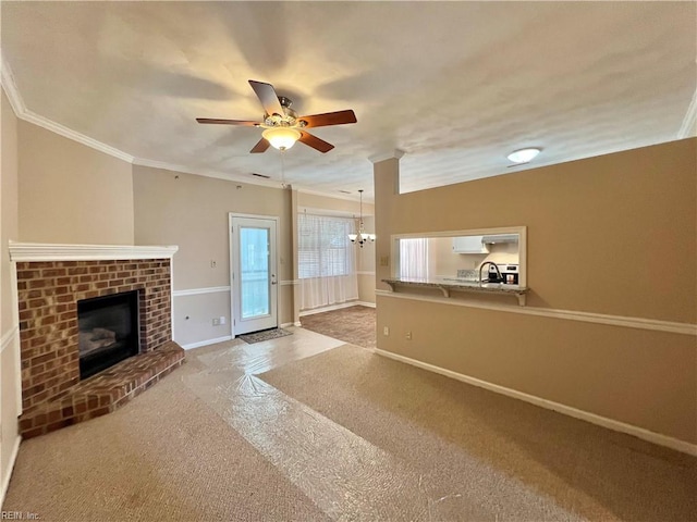 728 S Lake Cir, Chesapeake, VA 23322 - unfurnished living room with carpet, a fireplace, ceiling fan, crown molding, and baseboards