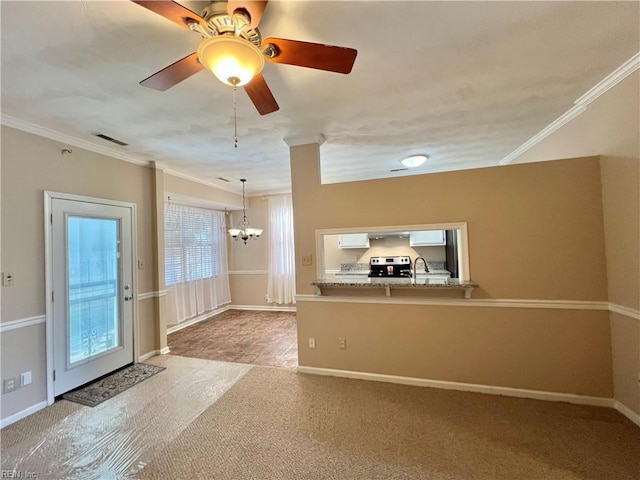 728 S Lake Cir, Chesapeake, VA 23322 - unfurnished living room featuring a chandelier, carpet floors, ornamental molding, a ceiling fan, and baseboards