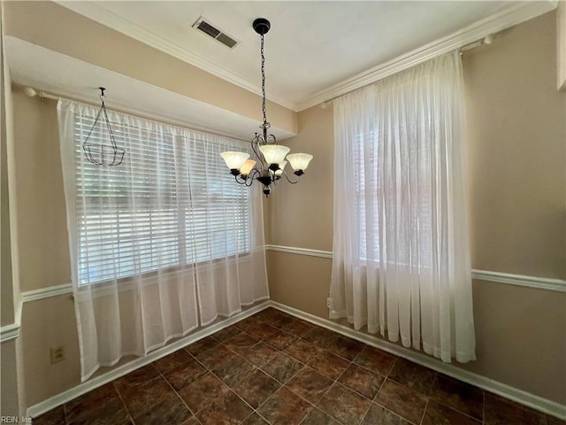 728 S Lake Cir, Chesapeake, VA 23322 - unfurnished dining area featuring a chandelier, plenty of natural light, ornamental molding, and baseboards