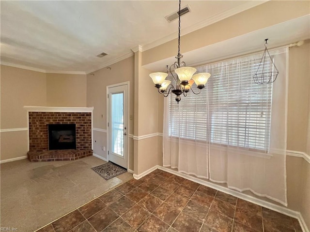 728 S Lake Cir, Chesapeake, VA 23322 - unfurnished dining area with crown molding, a chandelier, a fireplace, and baseboards