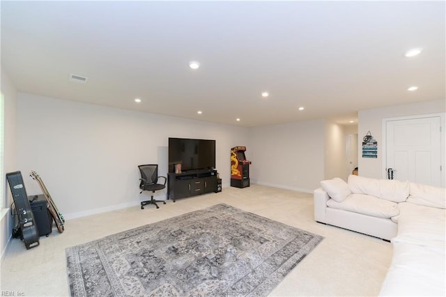 123 Big Woods Dr, Poquoson, VA 23662 - living room featuring light carpet, recessed lighting, and baseboards