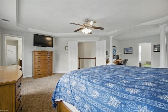 1200 Althea Ct, Chesapeake, VA 23322 - bedroom featuring ornate columns, carpet flooring, ceiling fan, a raised ceiling, and baseboards