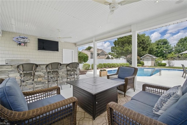 1200 Althea Ct, Chesapeake, VA 23322 - view of patio featuring ceiling fan, an outdoor hangout area, and an outbuilding