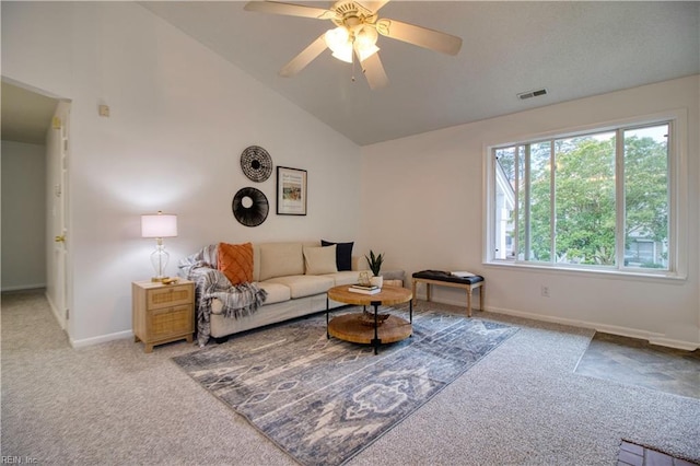2574 Cove Point Pl, Virginia Beach, VA 23454 - living area featuring carpet, baseboards, ceiling fan, and high vaulted ceiling