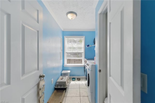 4141 Sunkist Rd, Chesapeake, VA 23321 - laundry room featuring separate washer and dryer, crown molding, a textured ceiling, and tile patterned floors
