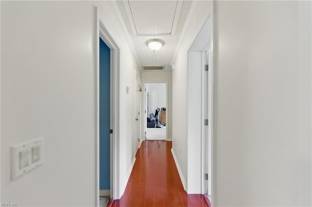 4141 Sunkist Rd, Chesapeake, VA 23321 - hallway featuring attic access, crown molding, dark wood-style flooring, and baseboards