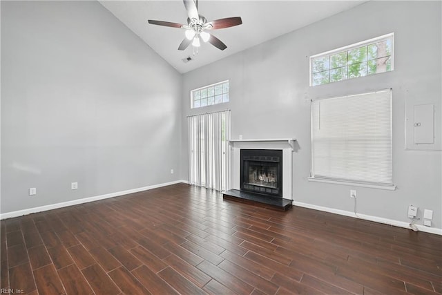 5101 Glenwood Way, Virginia Beach, VA 23456 - unfurnished living room with high vaulted ceiling, a ceiling fan, a fireplace with raised hearth, baseboards, and wood finished floors