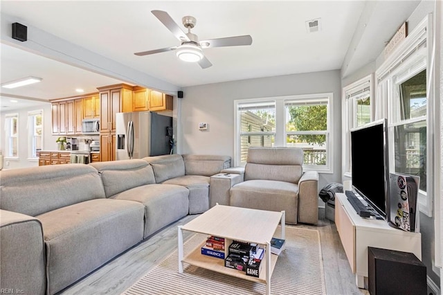 3607 Lafayette Blvd, Norfolk, VA 23513 - living room featuring light wood finished floors, ceiling fan, and recessed lighting