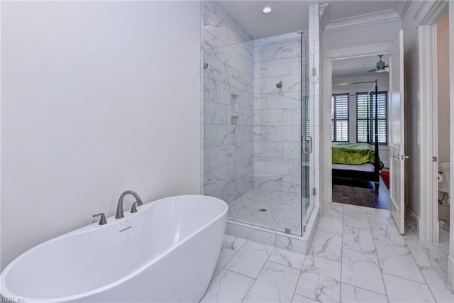 103 Enclave Ct, Williamsburg, VA 23185 - ensuite bathroom with marble finish flooring, a freestanding bath, a shower stall, and recessed lighting