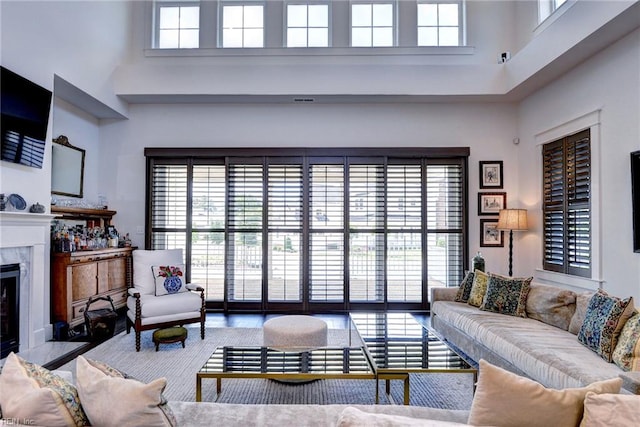 103 Enclave Ct, Williamsburg, VA 23185 - living room featuring a towering ceiling, healthy amount of natural light, and a high end fireplace