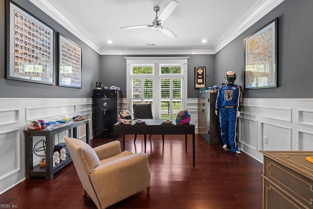 312 Cawdor Xing, Chesapeake, VA 23322 - office area with a decorative wall, a ceiling fan, ornamental molding, a wainscoted wall, and dark wood finished floors