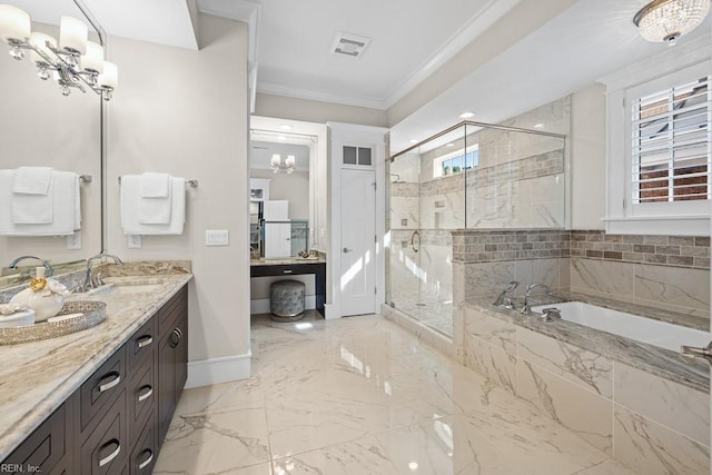 312 Cawdor Xing, Chesapeake, VA 23322 - full bathroom with a bath, a shower stall, double vanity, baseboards, and marble tiled floors