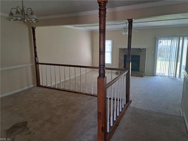 5528 Baccalaureate Dr, Virginia Beach, VA 23462 - hallway with carpet floors, an upstairs landing, a chandelier, crown molding, and baseboards