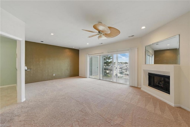 9489 Mooring Dr, Norfolk, VA 23518 - unfurnished living room with a ceiling fan, carpet, a fireplace, baseboards, and recessed lighting