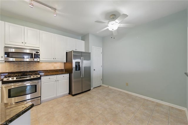 9489 Mooring Dr, Norfolk, VA 23518 - kitchen featuring appliances with stainless steel finishes, backsplash, white cabinets, and ceiling fan