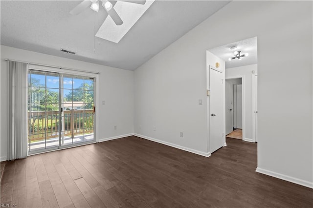 3566 Brigita Ct, Virginia Beach, VA 23453 - spare room featuring ceiling fan, lofted ceiling, a skylight, baseboards, and dark wood-type flooring