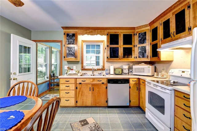 2944 Ridge Rd, Cobbs Creek, VA 23035 - kitchen with white appliances, under cabinet range hood, light countertops, and a sink
