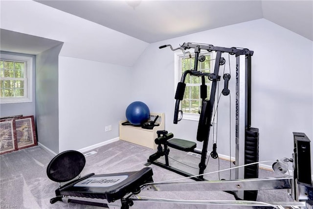 2944 Ridge Rd, Cobbs Creek, VA 23035 - exercise area featuring lofted ceiling, plenty of natural light, carpet floors, and baseboards