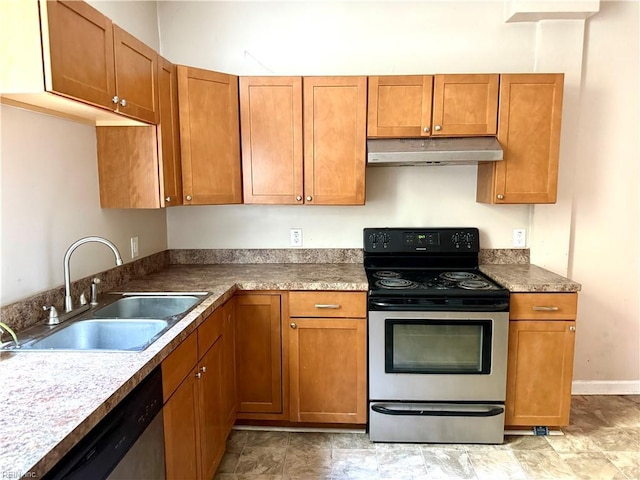 307 W 30th St, Norfolk, VA 23508 - kitchen with appliances with stainless steel finishes, under cabinet range hood, a sink, and brown cabinets