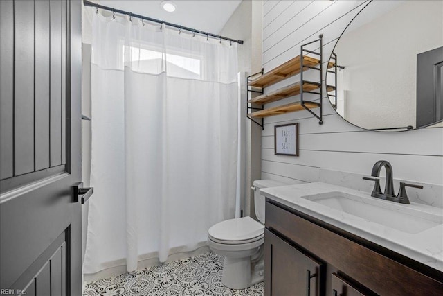 3012 George Starr Dr, Virginia Beach, VA 23456 - bathroom with toilet, vanity, a shower with shower curtain, and tile patterned floors