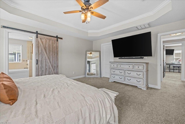 3012 George Starr Dr, Virginia Beach, VA 23456 - carpeted bedroom featuring a barn door, crown molding, baseboards, connected bathroom, and a ceiling fan