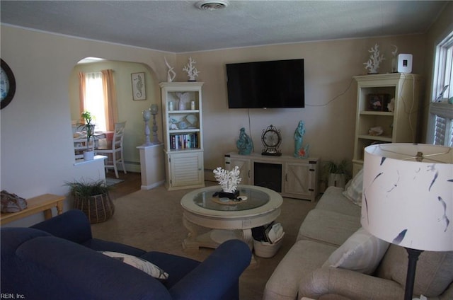 450 Benthall Rd, Hampton, VA 23664 - living room with arched walkways, healthy amount of natural light, carpet floors, and ornamental molding