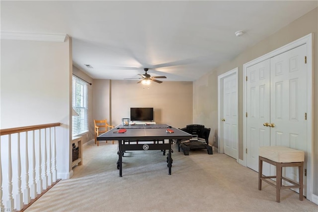 20185 Harbour Rdg, Smithfield, VA 23430 - rec room featuring ceiling fan, light colored carpet, and baseboards