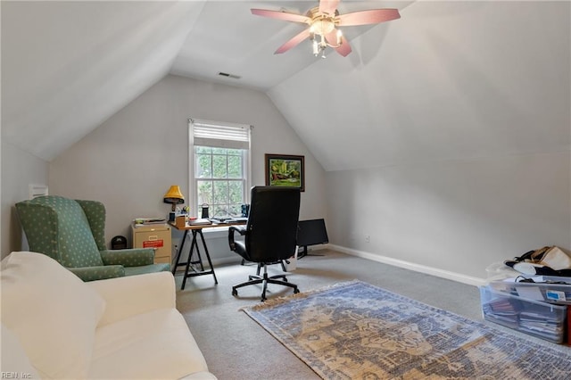 20185 Harbour Rdg, Smithfield, VA 23430 - office area featuring carpet, vaulted ceiling, a ceiling fan, and baseboards