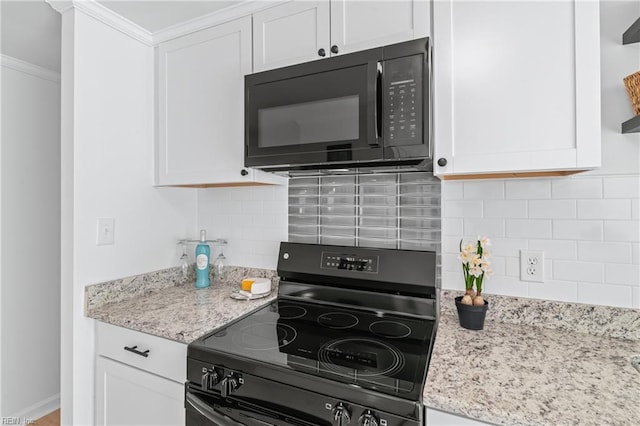 1215 Hale Dr, Hampton, VA 23663 - kitchen with black appliances, ornamental molding, white cabinetry, decorative backsplash, and light stone counters