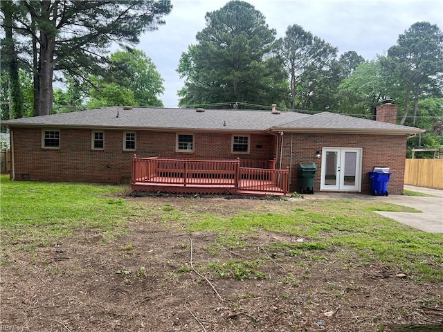 6217 Apple St, Suffolk, VA 23435 - back of house with a wooden deck, french doors, brick siding, and a chimney