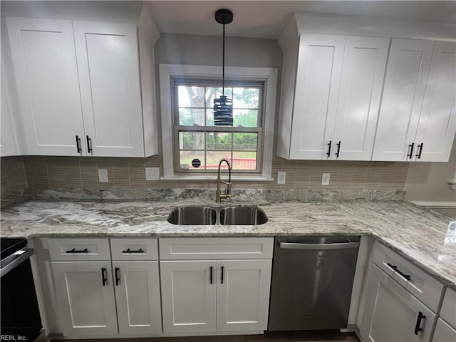 6217 Apple St, Suffolk, VA 23435 - kitchen featuring stainless steel dishwasher, a sink, backsplash, and white cabinets