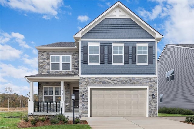 9105 Daydreamer Ct, Toano, VA 23168 - craftsman-style home with stone siding, a porch, concrete driveway, and an attached garage