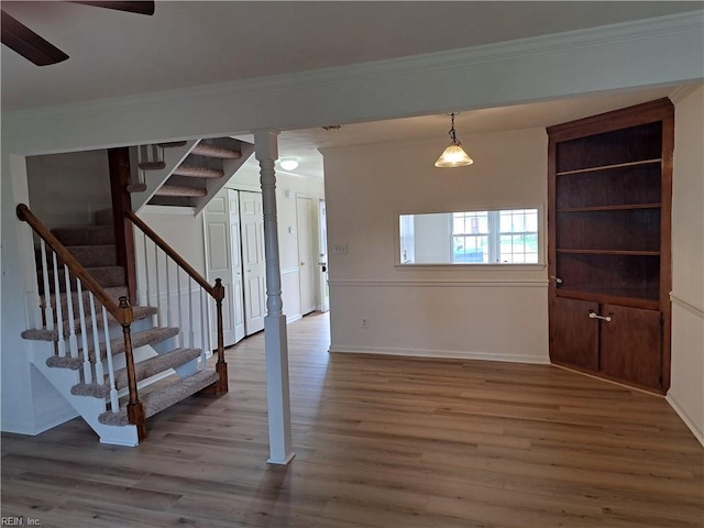 5636 Campus Dr, Virginia Beach, VA 23462 - entryway with wood finished floors, a ceiling fan, ornamental molding, baseboards, and stairway