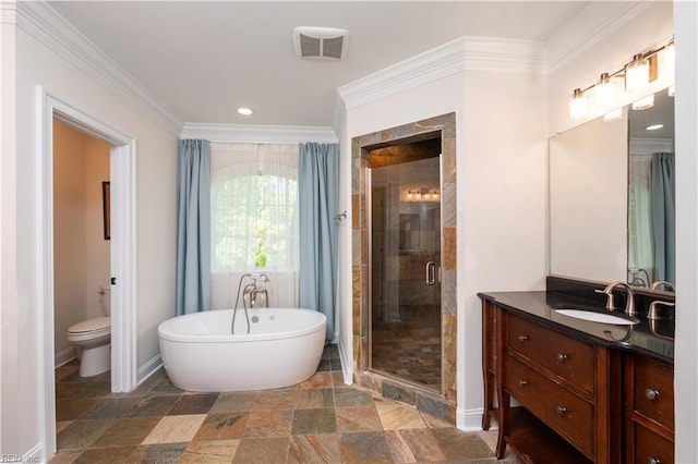 440 Goodspeed Rd, Virginia Beach, VA 23451 - bathroom with vanity, a freestanding bath, a stall shower, stone finish flooring, and ornamental molding