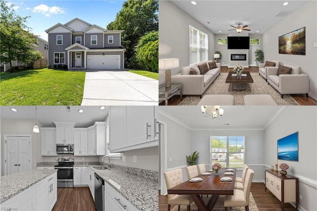 3745 Peterson St, Norfolk, VA 23513 - kitchen featuring appliances with stainless steel finishes, a sink, dark wood-style flooring, a ceiling fan, and white cabinetry