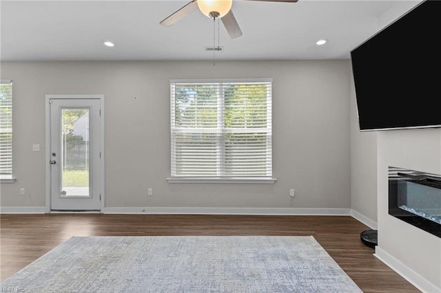 3745 Peterson St, Norfolk, VA 23513 - unfurnished living room featuring ceiling fan, dark wood-type flooring, plenty of natural light, and recessed lighting