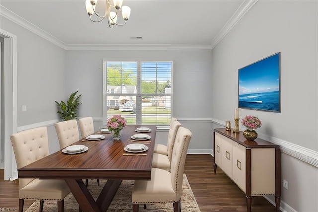 3745 Peterson St, Norfolk, VA 23513 - dining space with a chandelier, dark wood-style flooring, ornamental molding, and baseboards