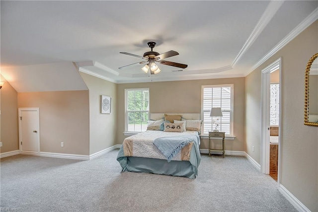 501 Beagle Gap Ct, Chesapeake, VA 23320 - bedroom featuring carpet, baseboards, crown molding, a ceiling fan, and connected bathroom