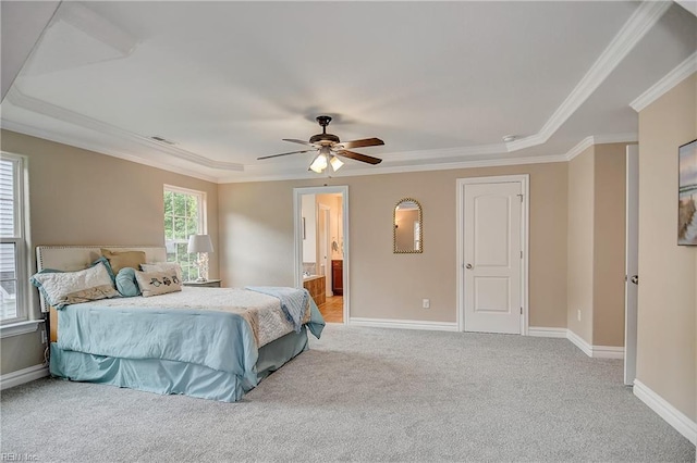 501 Beagle Gap Ct, Chesapeake, VA 23320 - bedroom featuring carpet flooring, baseboards, crown molding, a ceiling fan, and connected bathroom